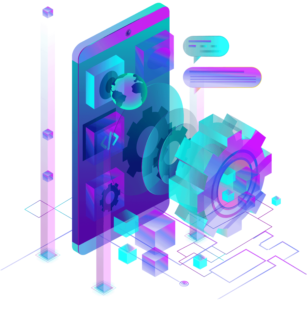 Natural Language Processing - Mobile phone with gears and data elements