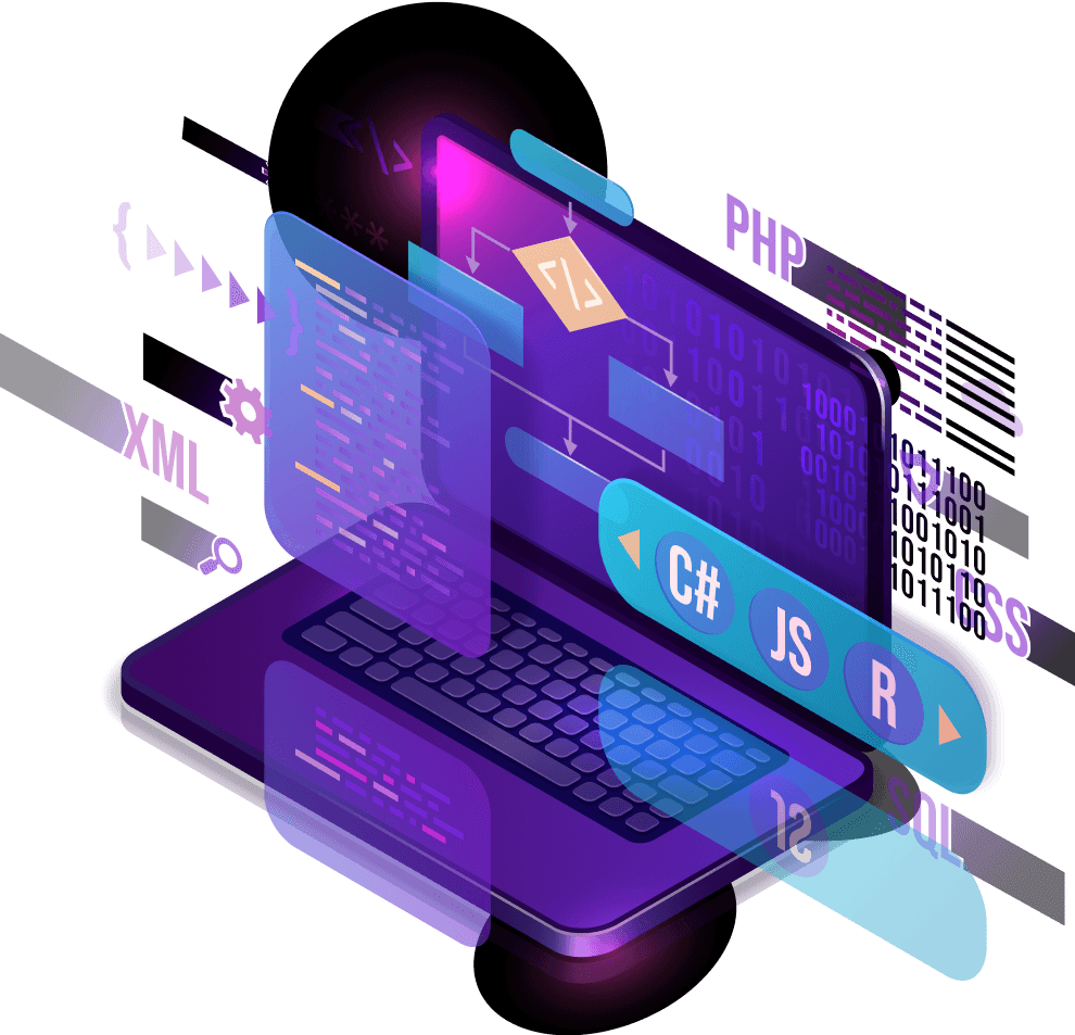 Large Language Models - Laptop displaying code and programming language logos