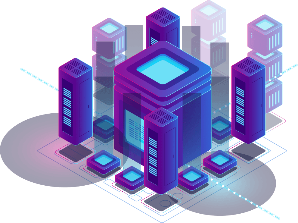 Serverless Deployment - Server rack with multiple glowing blue servers