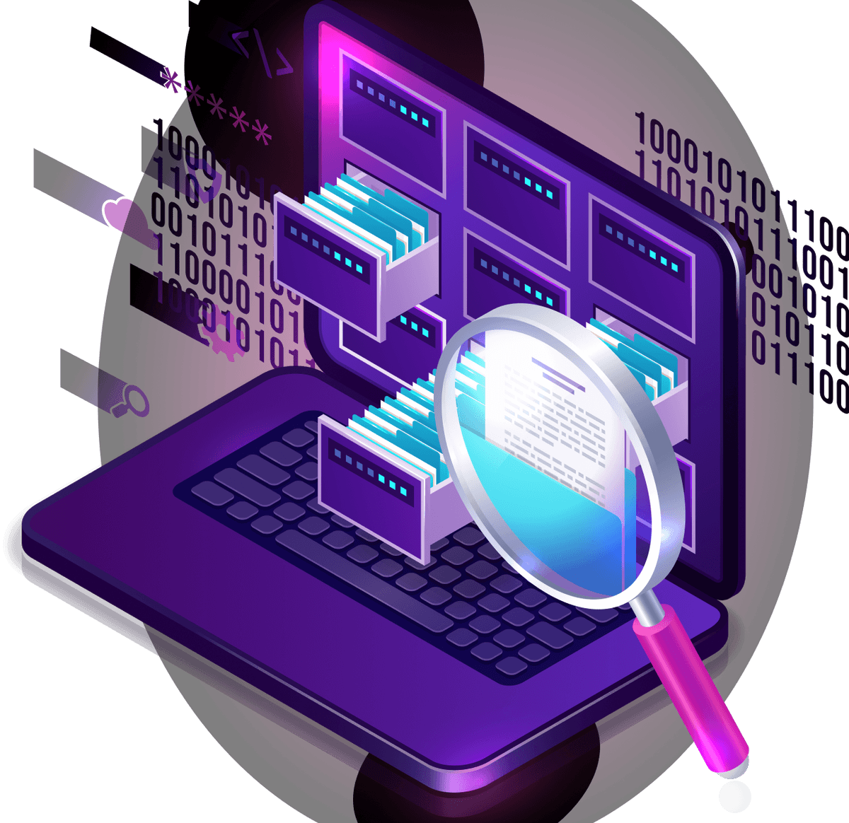 Monitoring, Logging & Alerting - Purple laptop with multiple windows and magnifying glass
