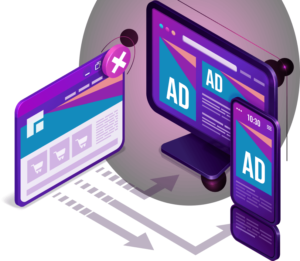 Digital Marketing - Desktop monitor and smartphone with AD banners and e-commerce icons