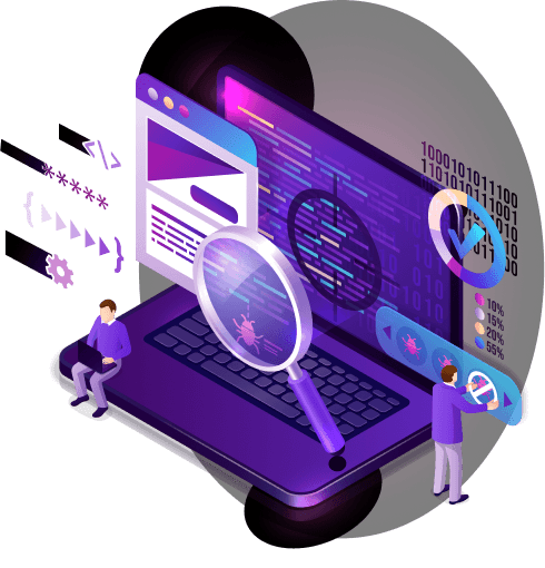 Software Quality Assurance - Laptop with magnifying glass and testing icons