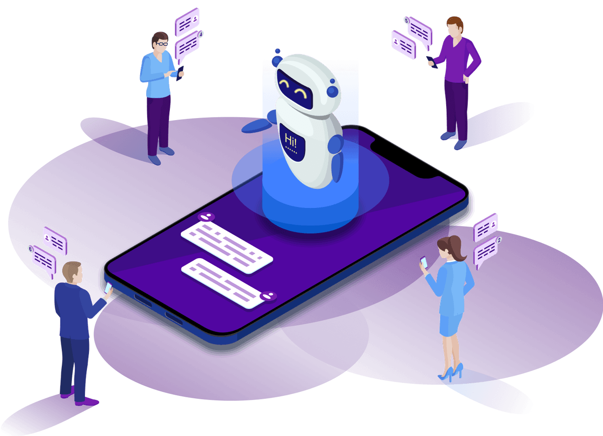 AI Agents - Humanoid robot on glowing platform with human figures and data points